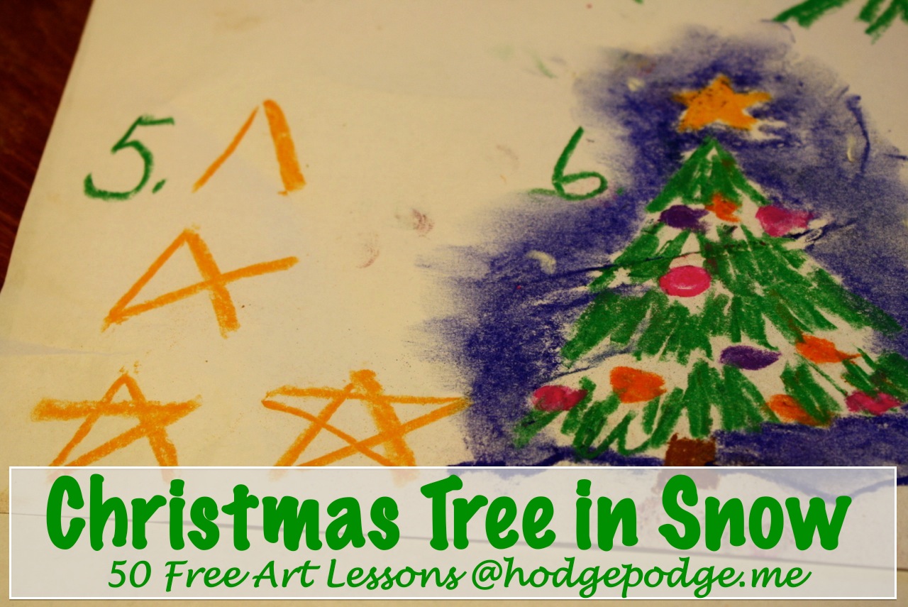 Christmas Tree in Snow art lesson. Just six simple steps, starting with the colors above. A fun Christmas art project for all ages!