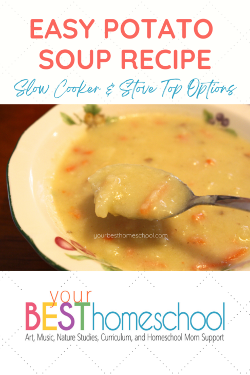 Talk about a perfectly easy potato soup recipe to make a large amount of and share on Sunday for lunch! Talk about frugal! With this recipe, you can make it on the stove top or in the slower cooker.